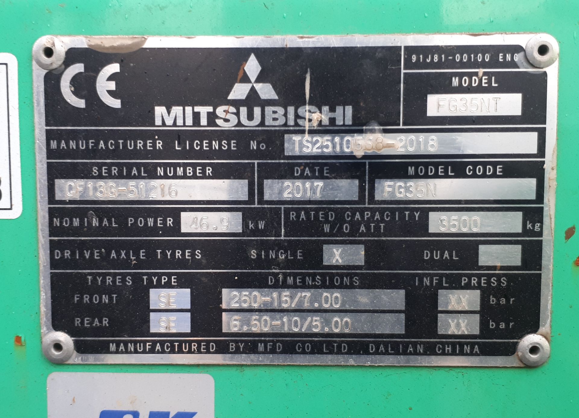 Mitsubishi FG35NT LPG Forklift Truck, 3500kg capacity, Triple Mast, 4700mm Lift Height, Full - Image 13 of 13
