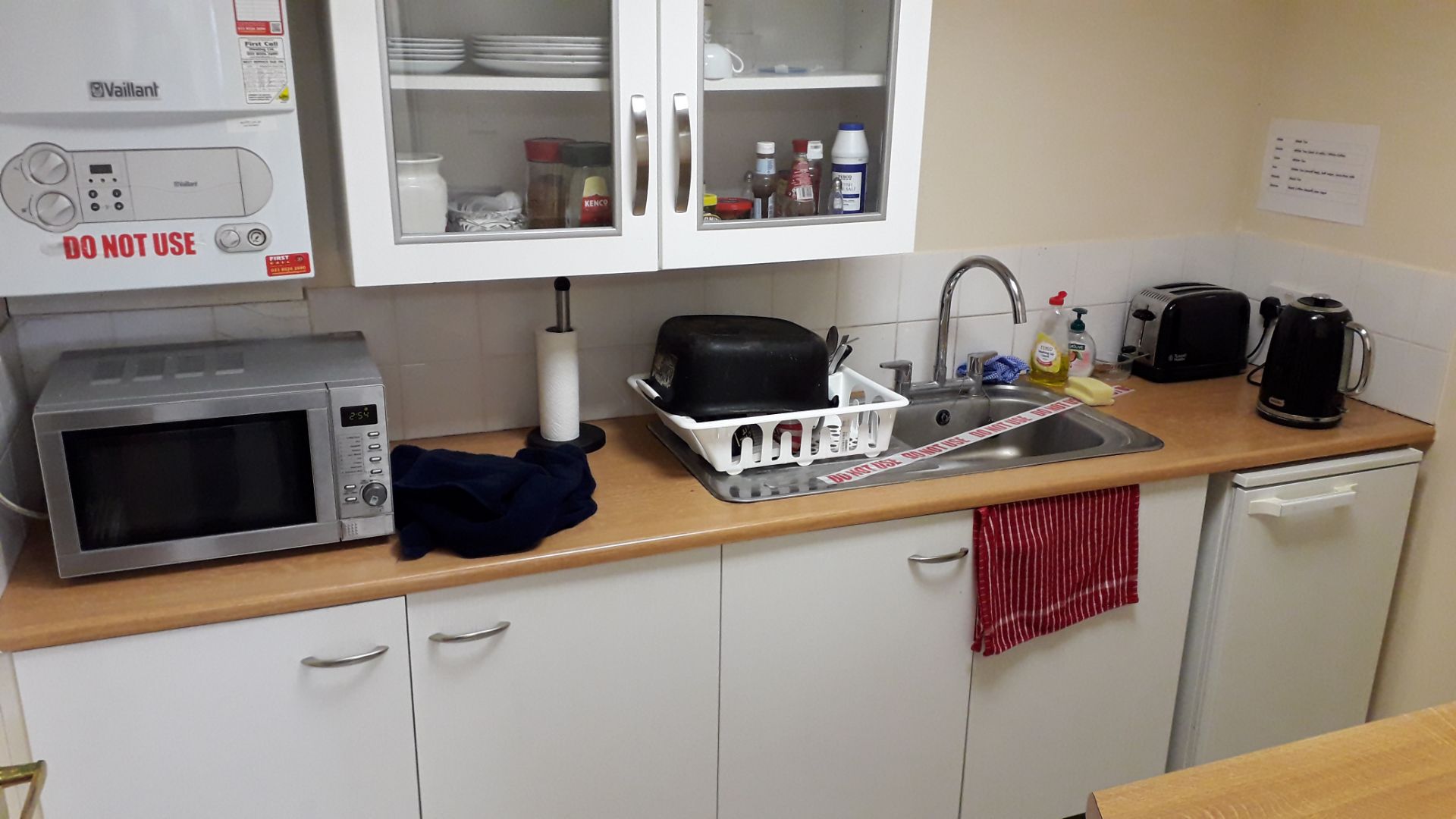 Contents of Kitchen to include Kenwood Stainless Steel Microwave Oven, Larder Refrigerator & Kitchen