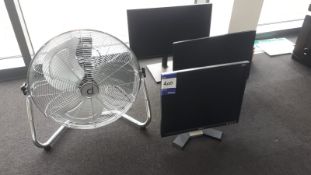 3 Various Flat Screen Monitors and Electric Fan