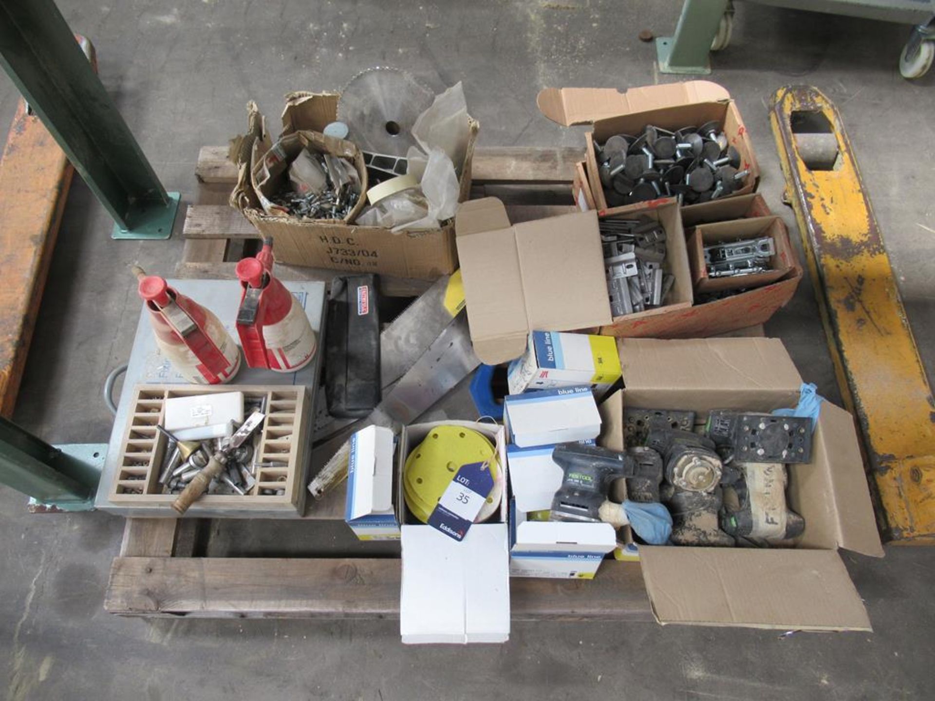 Pallet to include Festool Orbital Sanders (Spares/Repairs(?)), Hand Tools, Sanding Pads, etc.