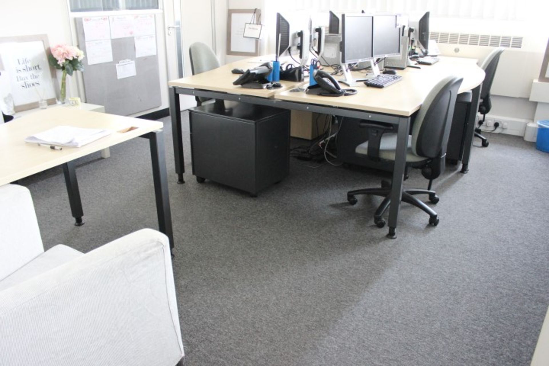 Contents of customer care room, including; 5 light oak effect Workstations, 5 Office Chairs and 5