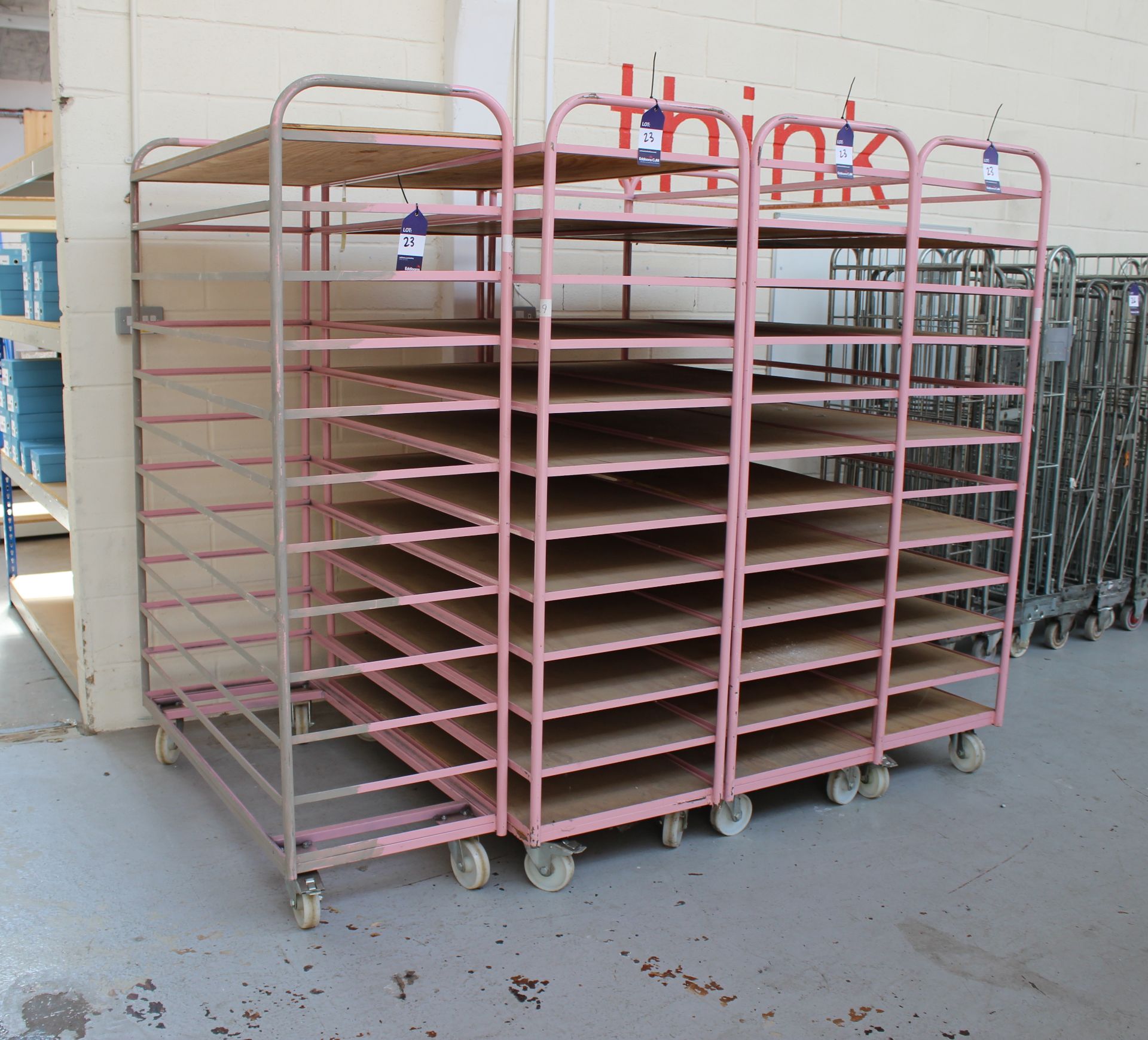 4 mobile steel Trolley/Cages, 12 shelves