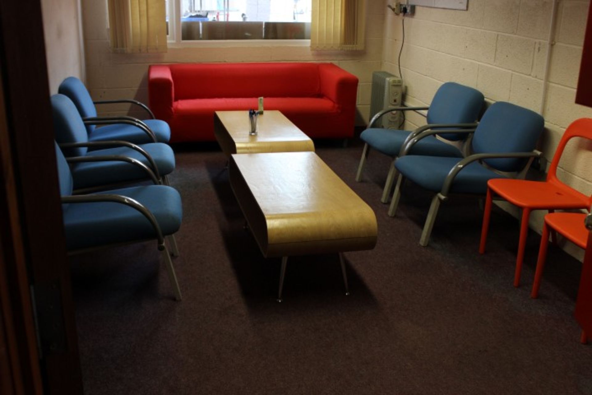 Contents of room, including; 2 low level Coffee Tables, 5 Chairs; blue upholstery, 3-seat Sofa, 2