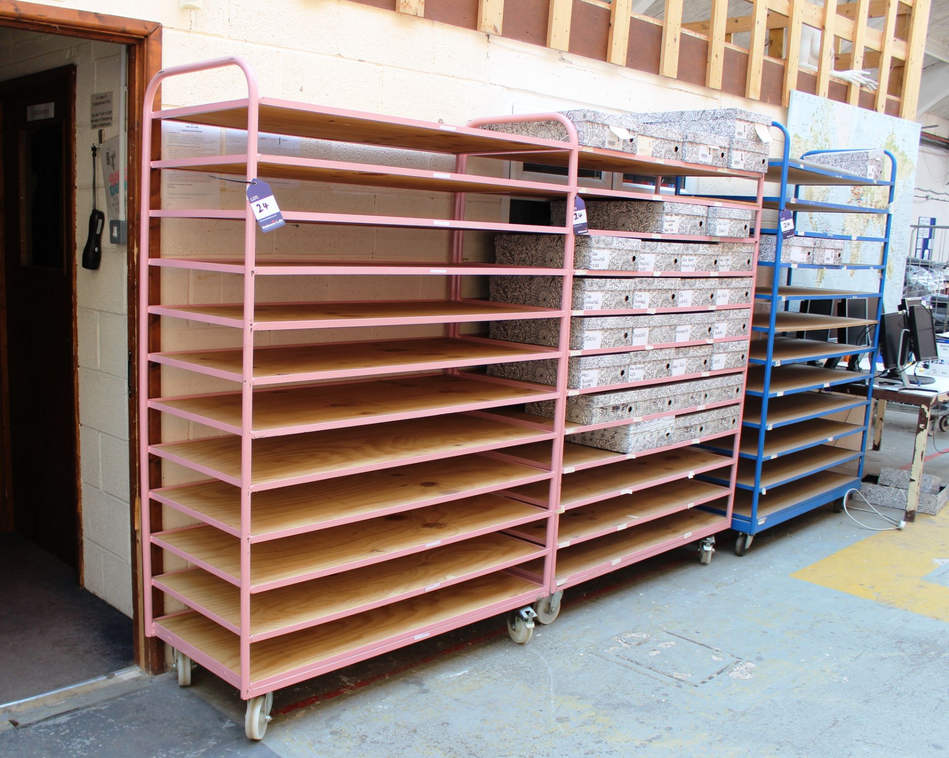 3 mobile steel Trolley/Cages, 12 shelves