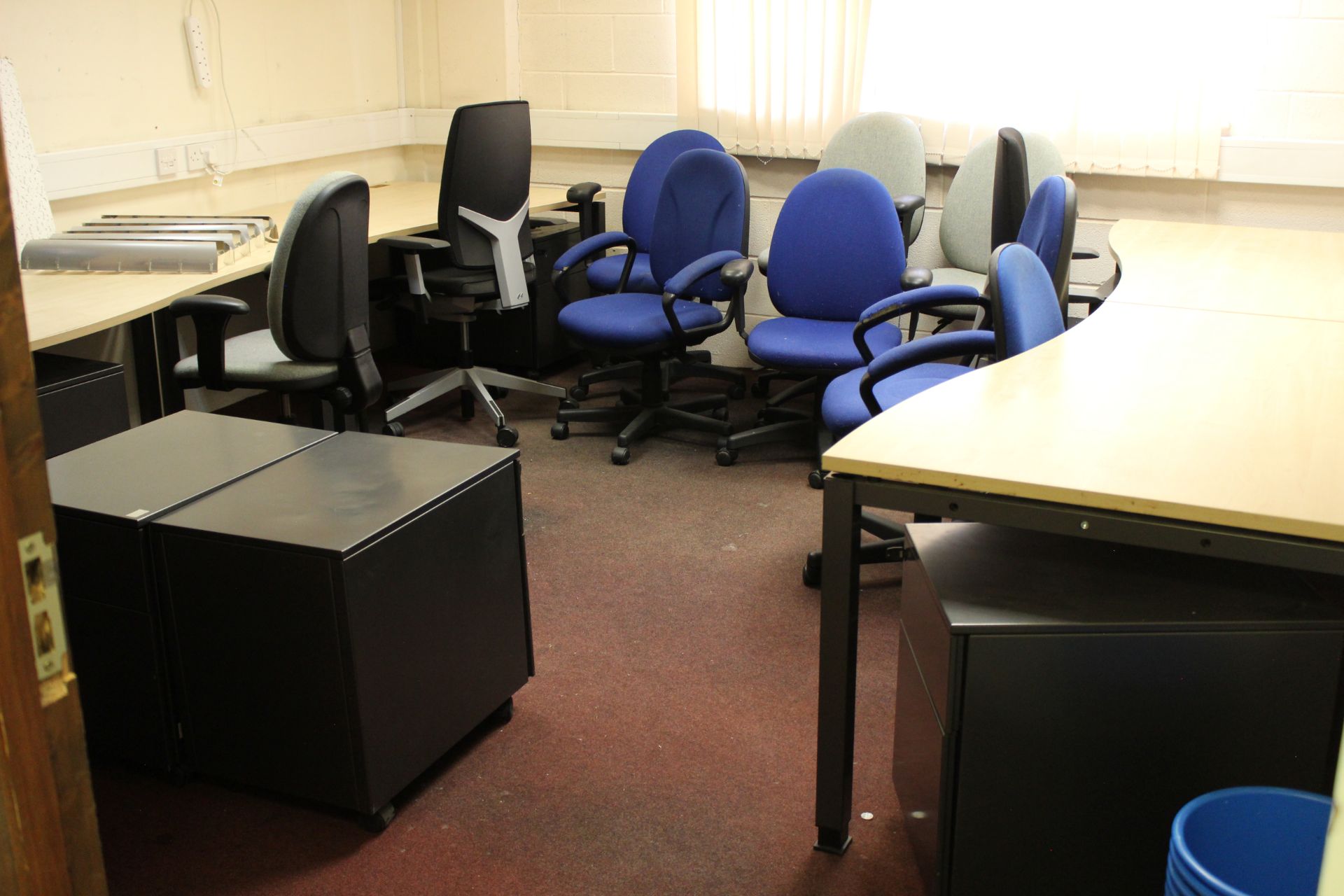 Contents of meeting room 3, including; 4 light oak effect Desks, 6 metal Pedestals and assorted