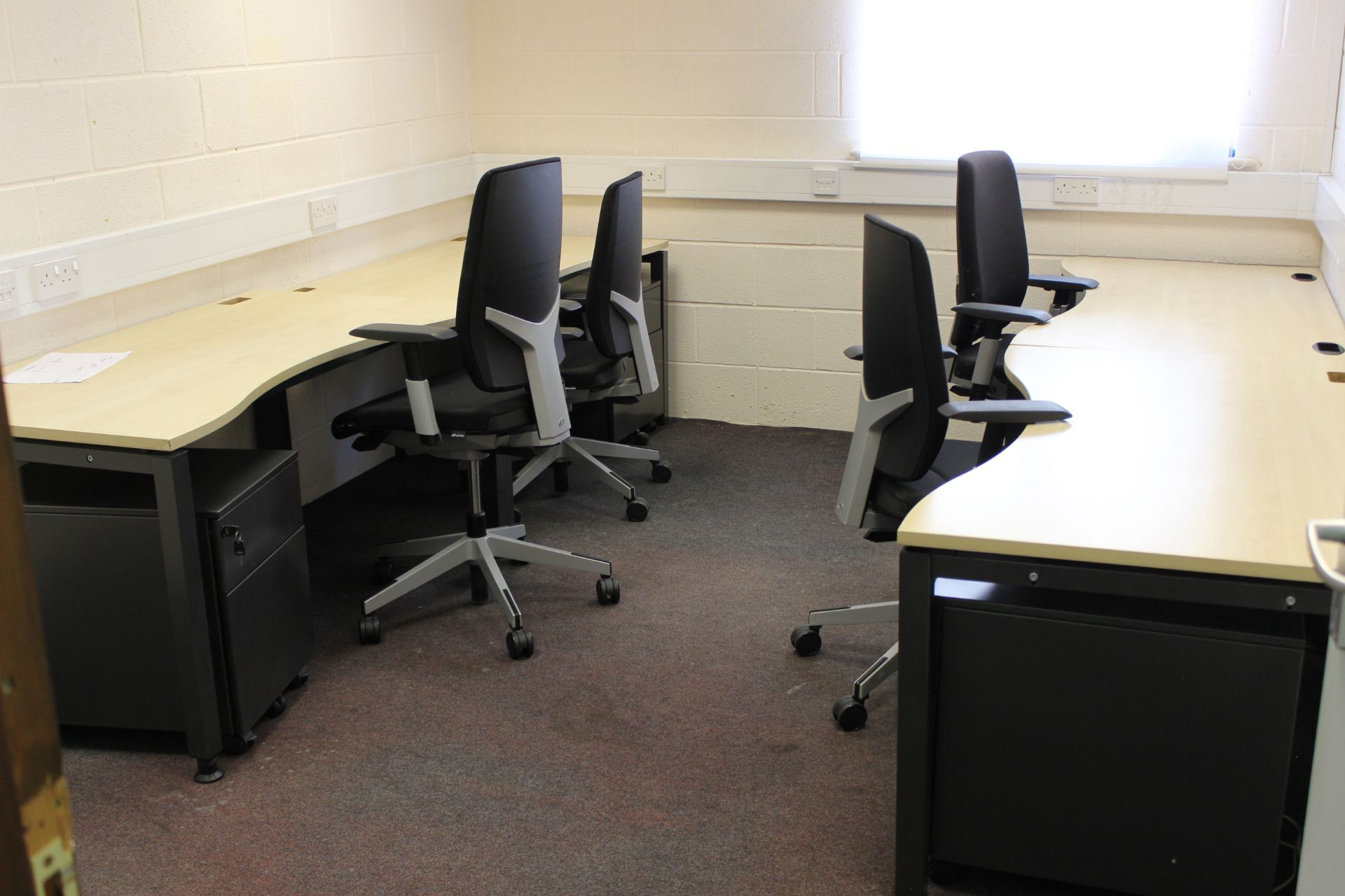 Contents of meeting room 2, including; 4 light oak effect Desks, 4 metal Pedestals and 4 Office