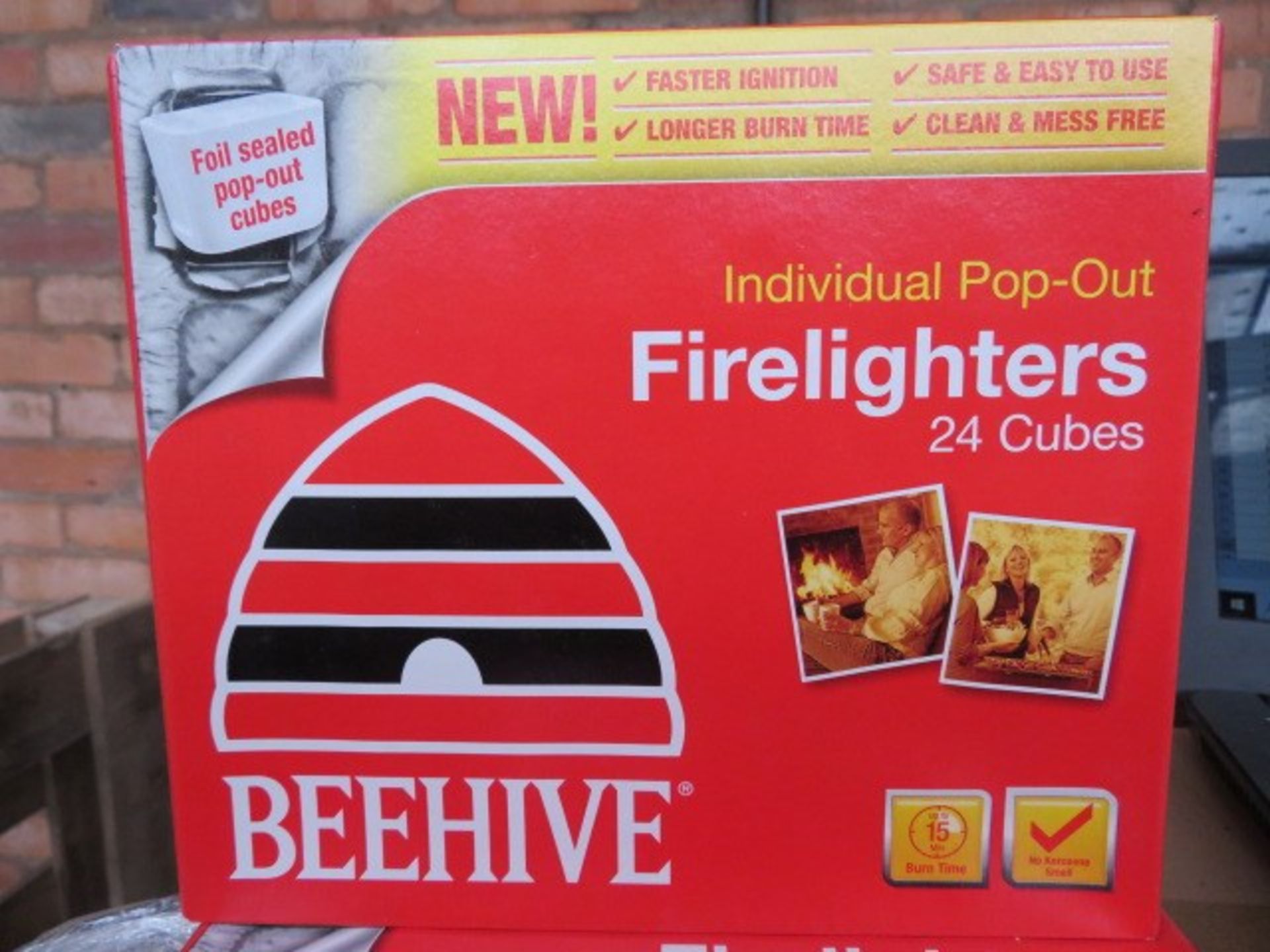 Pallet to contain 400 x packs of 24 beehive fire lighters individual pop-out (15 minutes burn time).