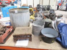 2 x watering cans, metal bin, bottles etc