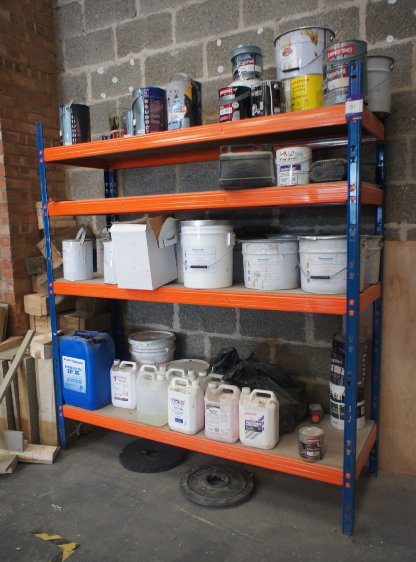 4 Tier Boltless Shelving & Contents Including Quantity of Paints, Solvents, Oils etc.