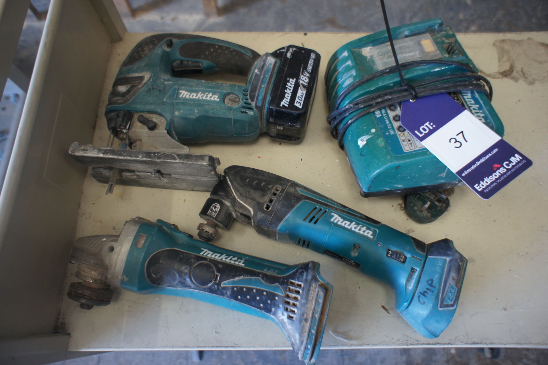 Makita Cordless Tools, Jigsaw, Angle Drill, Grinder, 1 x Battery & Charger - Image 2 of 2