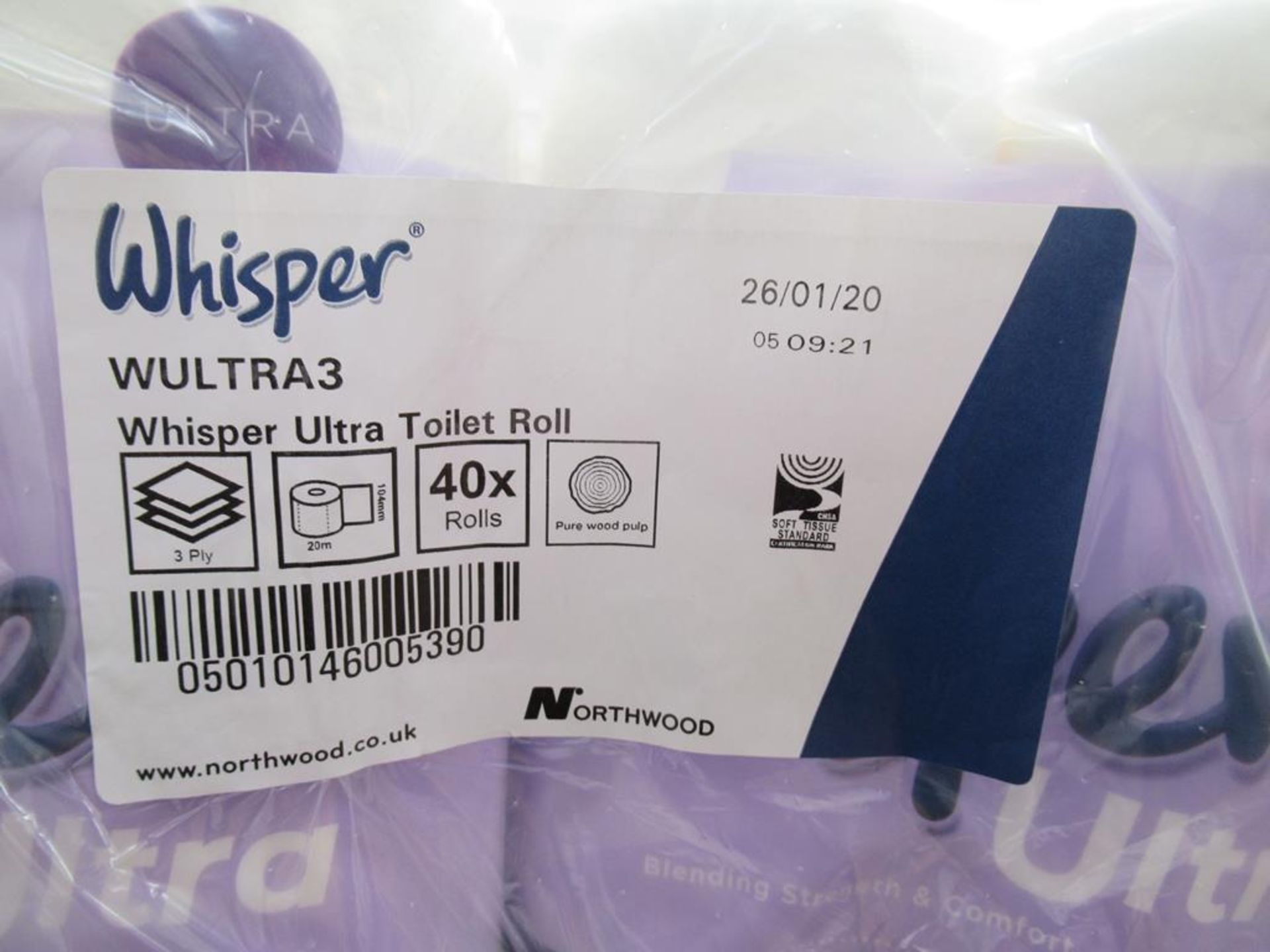 A pallet to contain a large Qty of Whisper Wultraz, Whisper Ultra Toilet Rolls 40 rolls per pack - Image 2 of 2