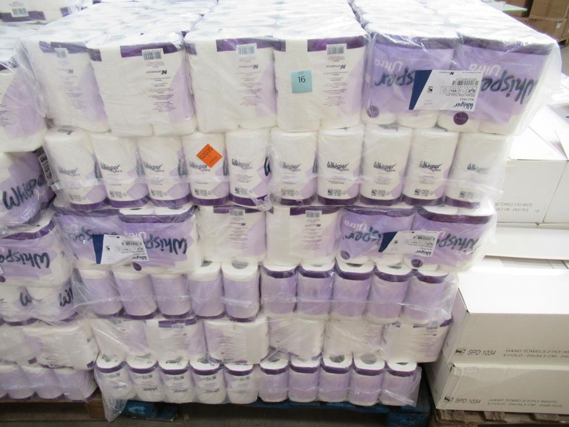 A pallet to contain a large Qty of Whisper Wultraz, Whisper Ultra Toilet Rolls 40 rolls per pack