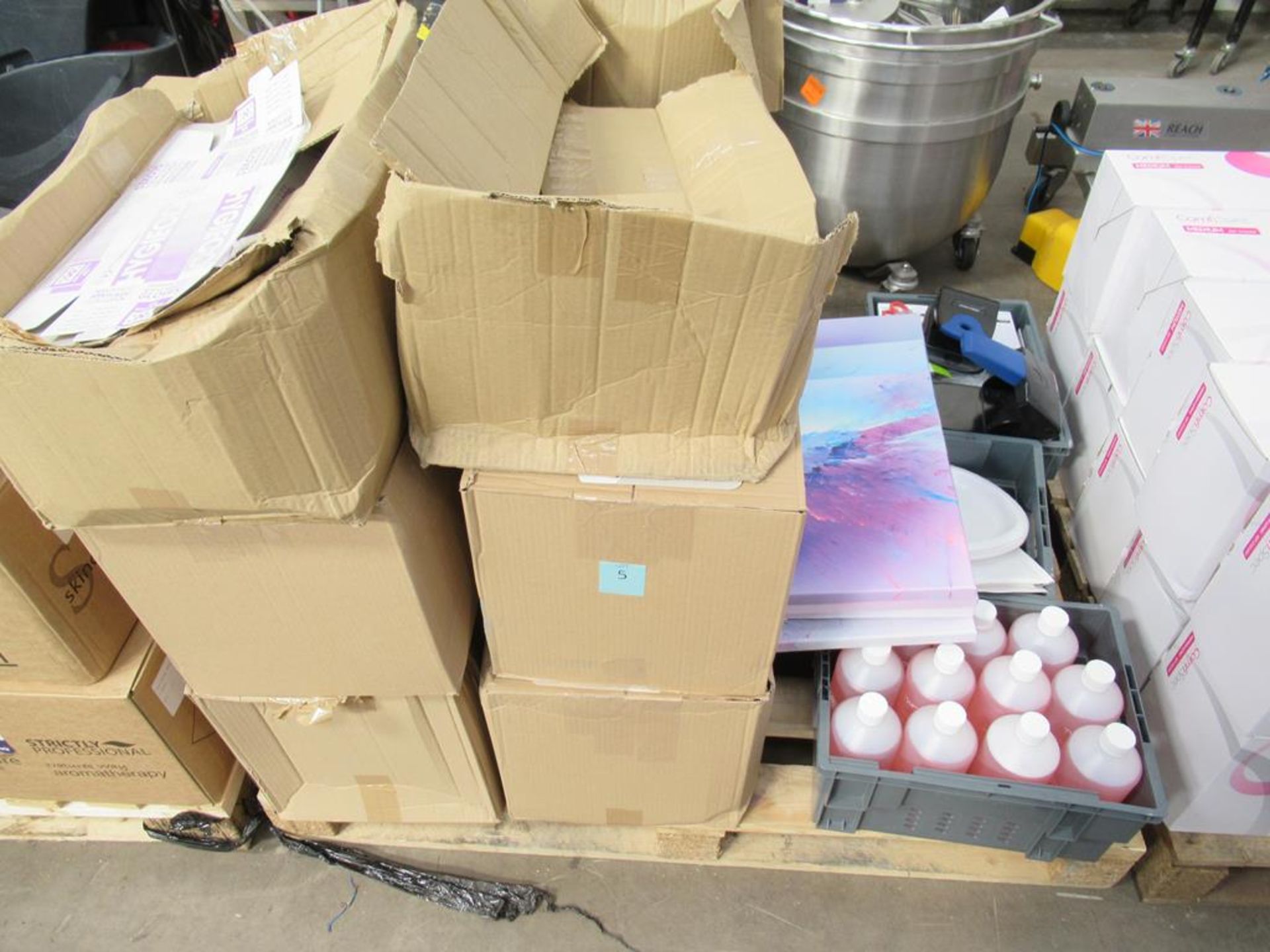 A pallet to contain various product boxes, Stationary and 11 x 1 litre Two Seal Sealing Fluid