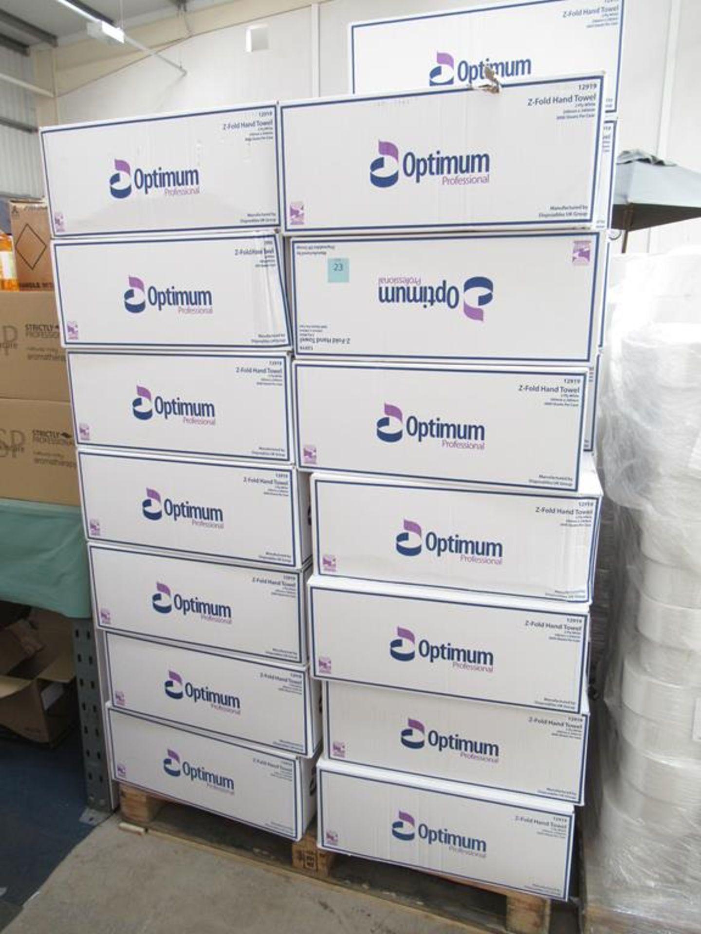 Approx 43 boxes of Optimum Z-fold Hand Towels 2 ply white 240mm x 240mm 3000 sheets per case