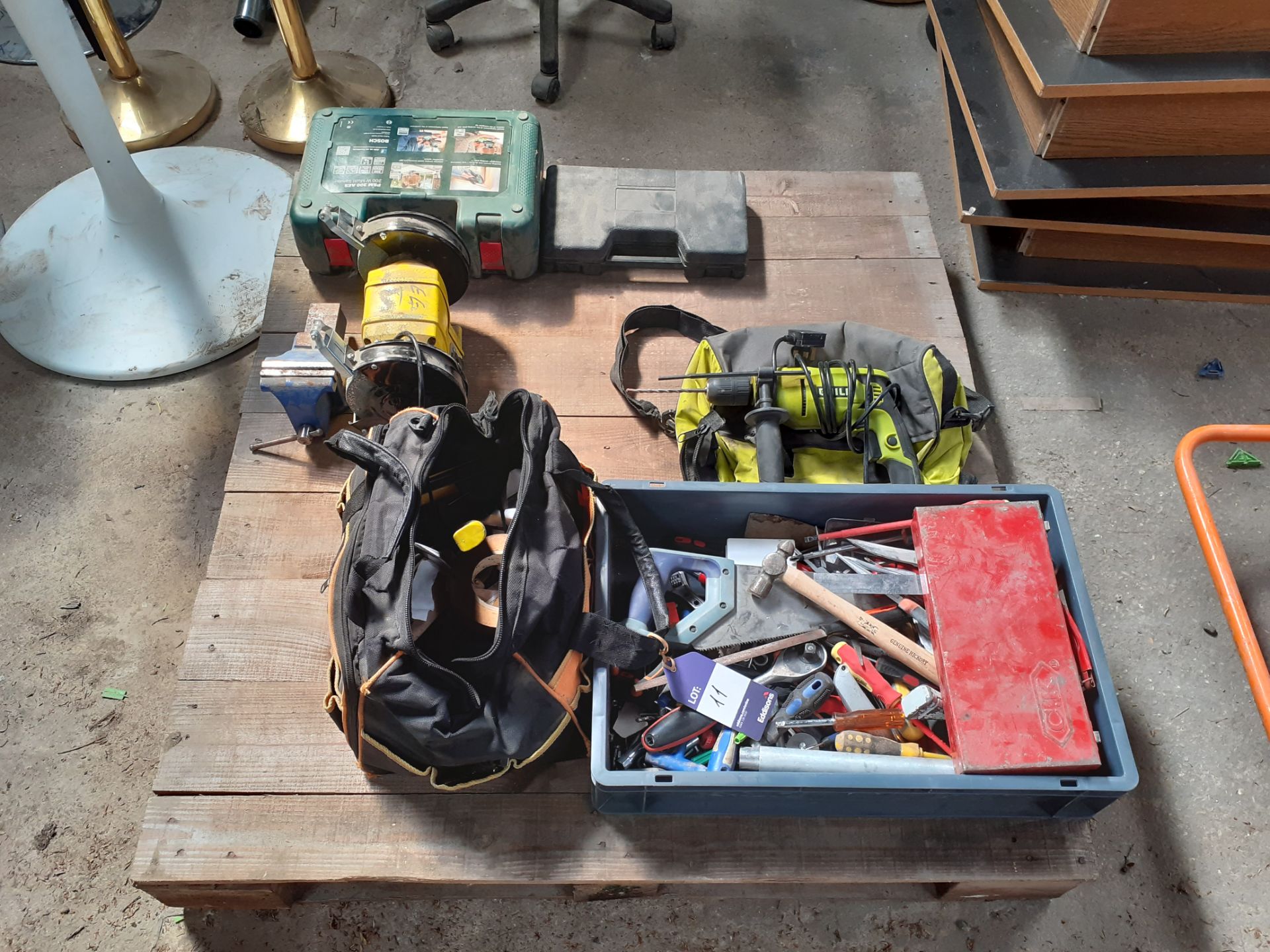 Pallet to include Bosch Multi Sander, Guild Drill , qty of hand tools, etc