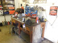 Workbench approx. 4ft with Record no. 6 vice, & plastic linbins to wall