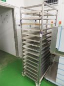 16 Slot Mobile Bakers Rack (79 x 52 x 180cm high) and 16 x 4 sided trays