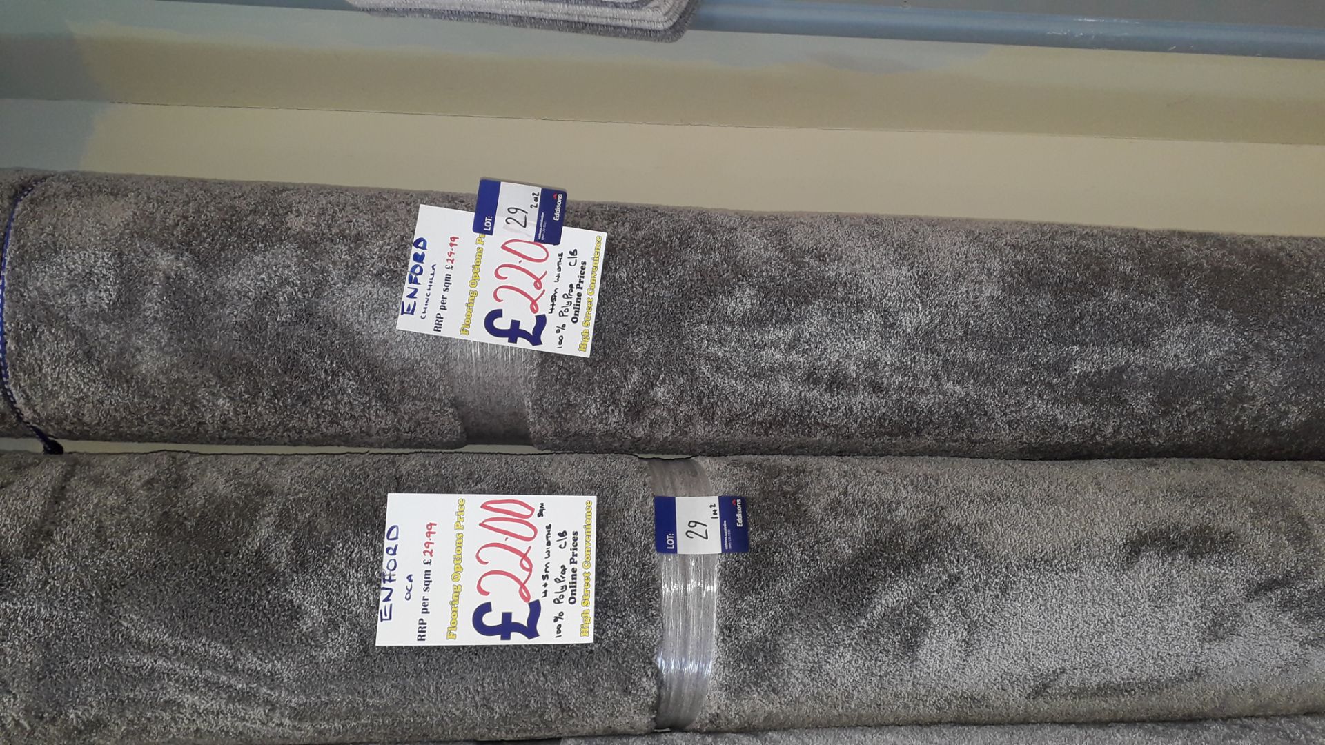 2 Rolls of Enford Carpet Comprising of 1 x Oca 2.70m x 5m Rp. £22 Sqm, 1 x Chinchilla 2.90m x 5m Rp.