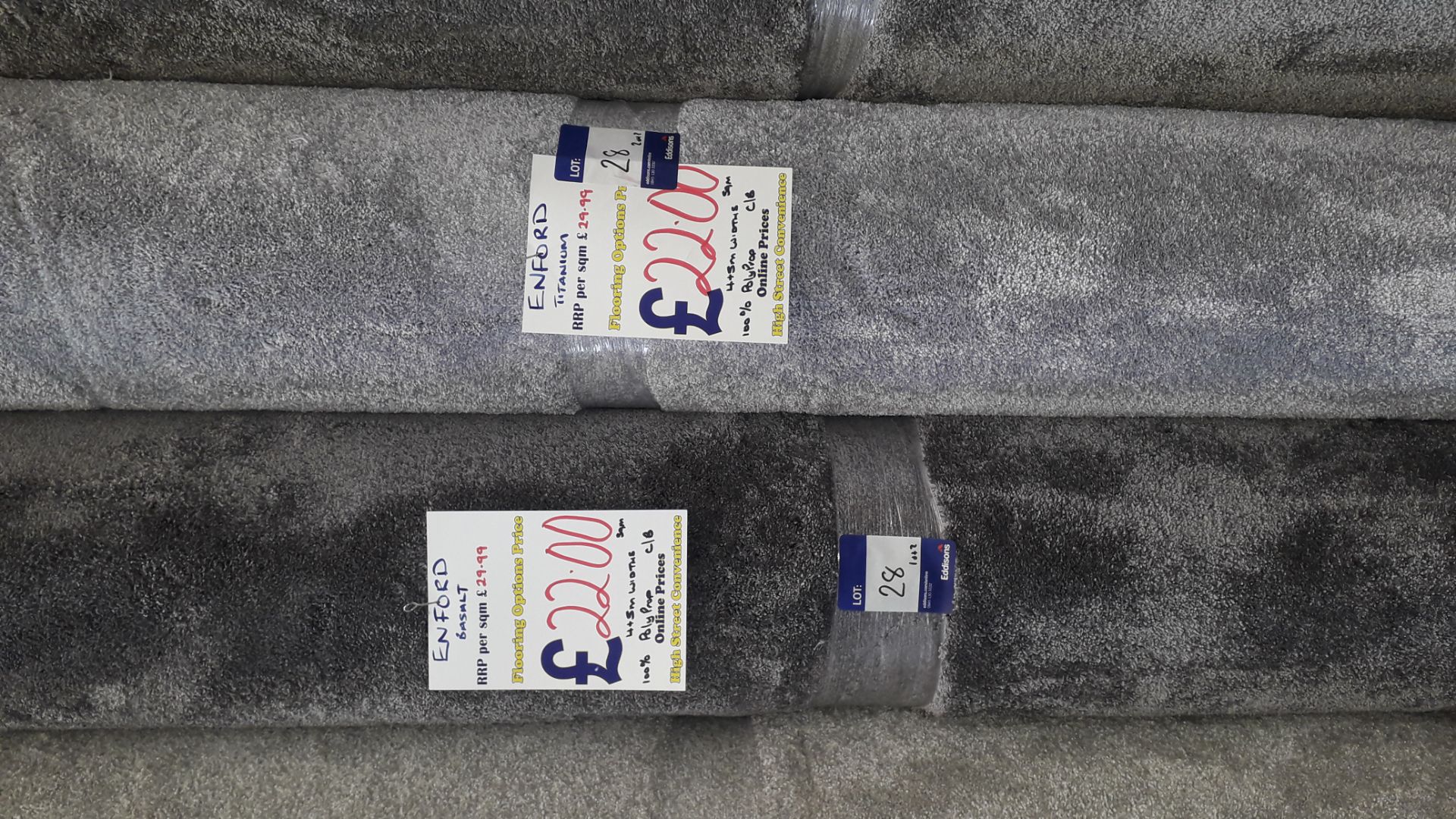 2 Rolls of Enford Carpet Comprising of 1 x Basalt 2.90m x 4m Rp. £22 Sqm, 1 x Titanium 2.90m x 4m