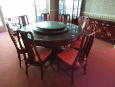 Rosewood Effect Glazed 3 Tier “Lazy Susan” Dining Room Table with Oriental Themed Inlays 1750mm