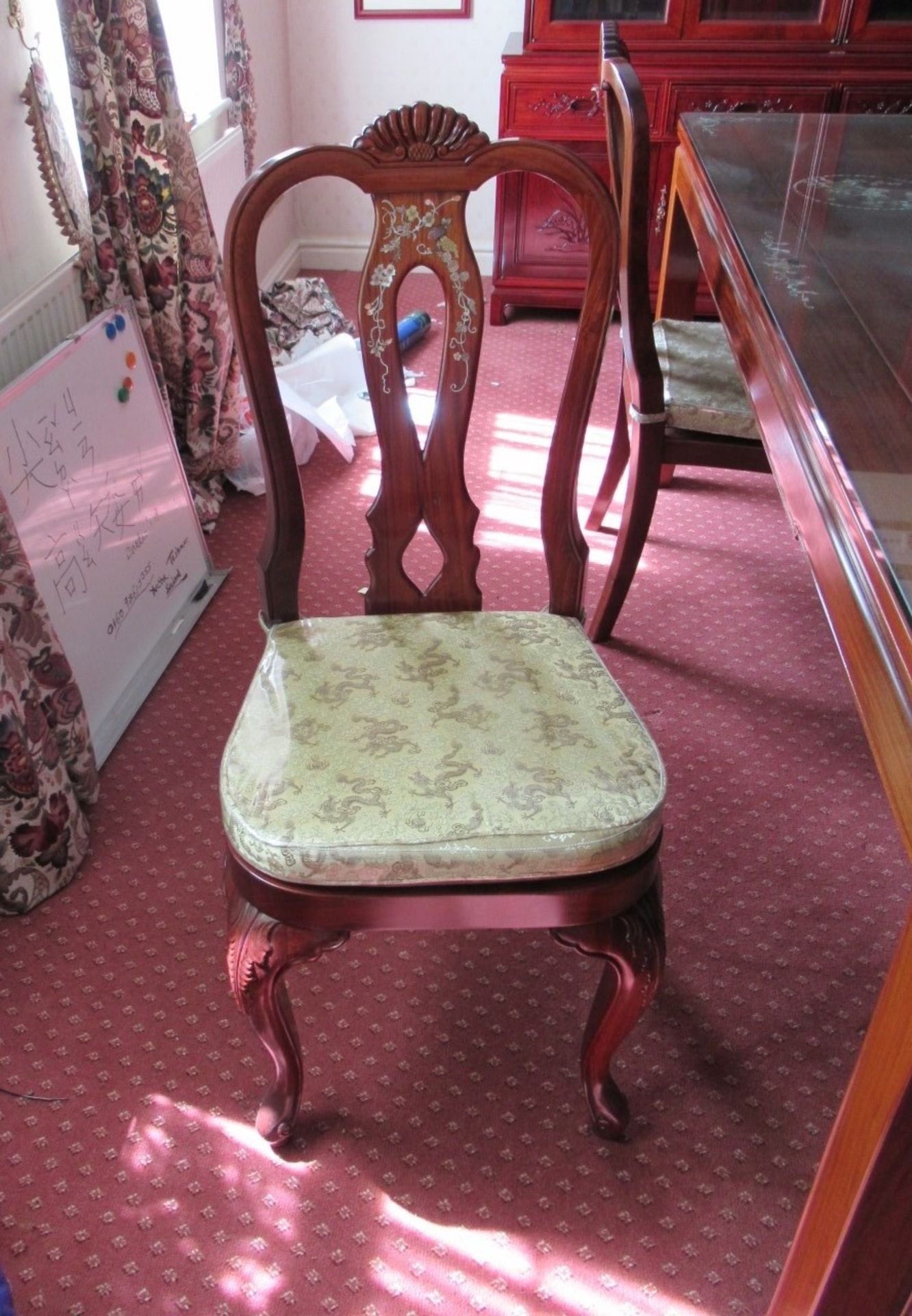 Rosewood Effect Glass Topped Dining Room Table with Oriental Themed Inlays 1980 x 1070mm with 4 - Image 3 of 3