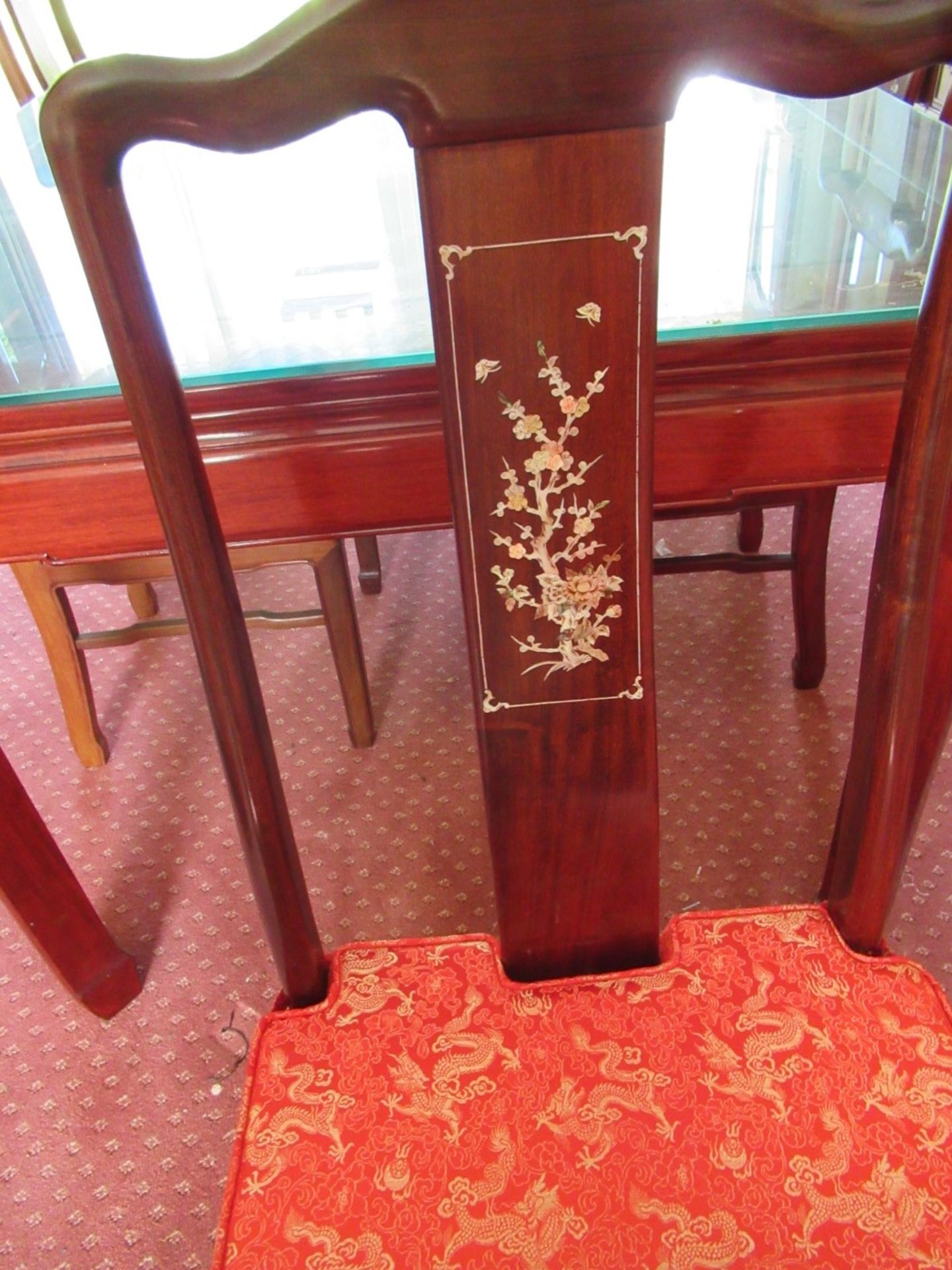 Rosewood Effect Glazed Dining Room Table with Oriental Themed Inlays and 6 Matching Dining Room - Image 6 of 7