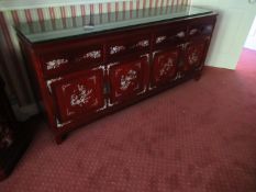 Rosewood Effect Glazed Top Oriental Themed Sideboard with Cupboard and 4 Drawers 800 x 1830 x 480