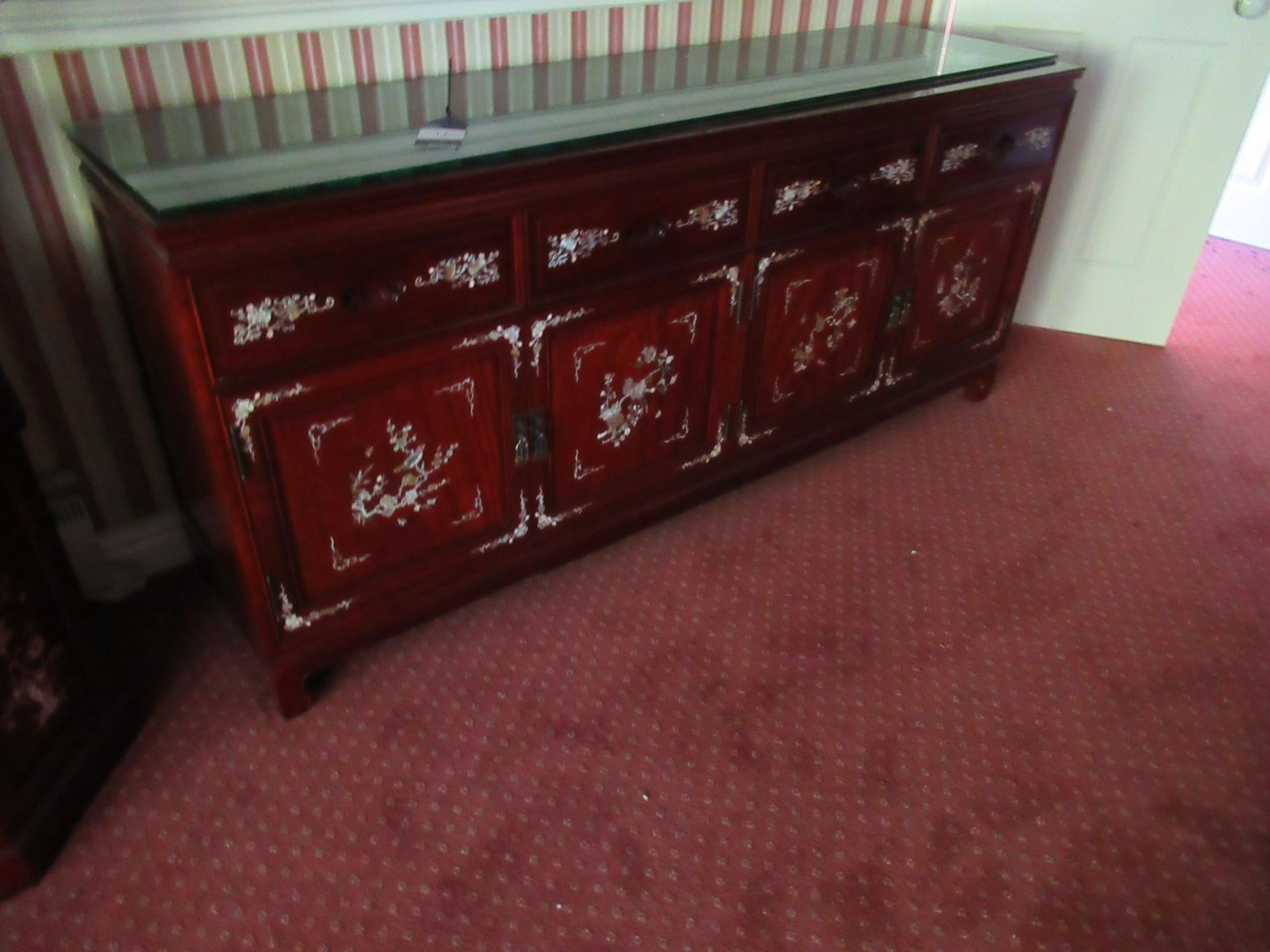 Rosewood Effect Glazed Top Oriental Themed Sideboard with Cupboard and 4 Drawers 800 x 1830 x 480