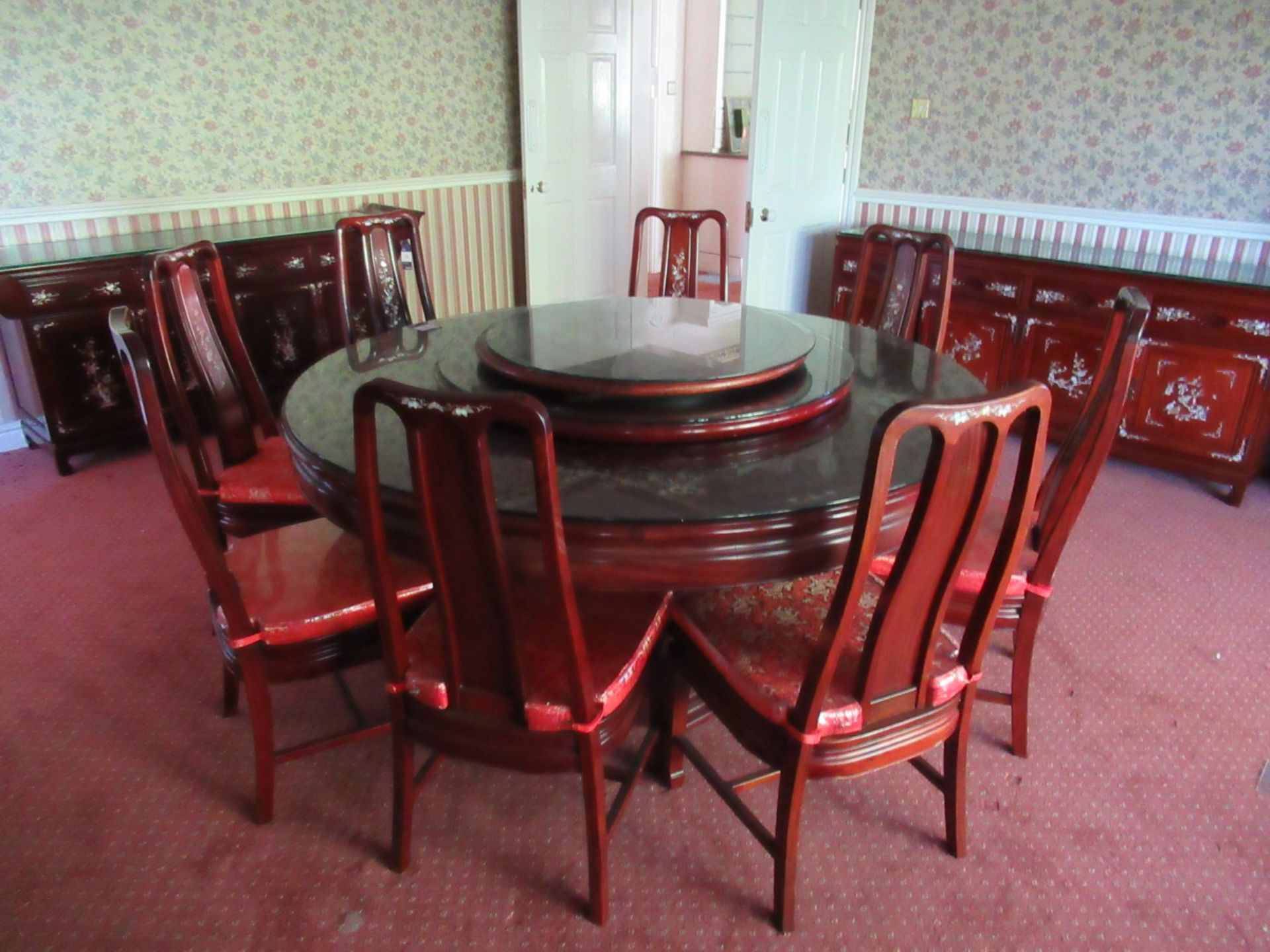 Rosewood Effect Glazed 3 Tier “Lazy Susan” Dining Room Table with Oriental Themed Inlays 1750mm - Image 3 of 3