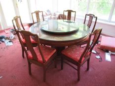 Rosewood Effect Glazed Dining Room Table with Oriental Themed Inlays and 6 Matching Dining Room