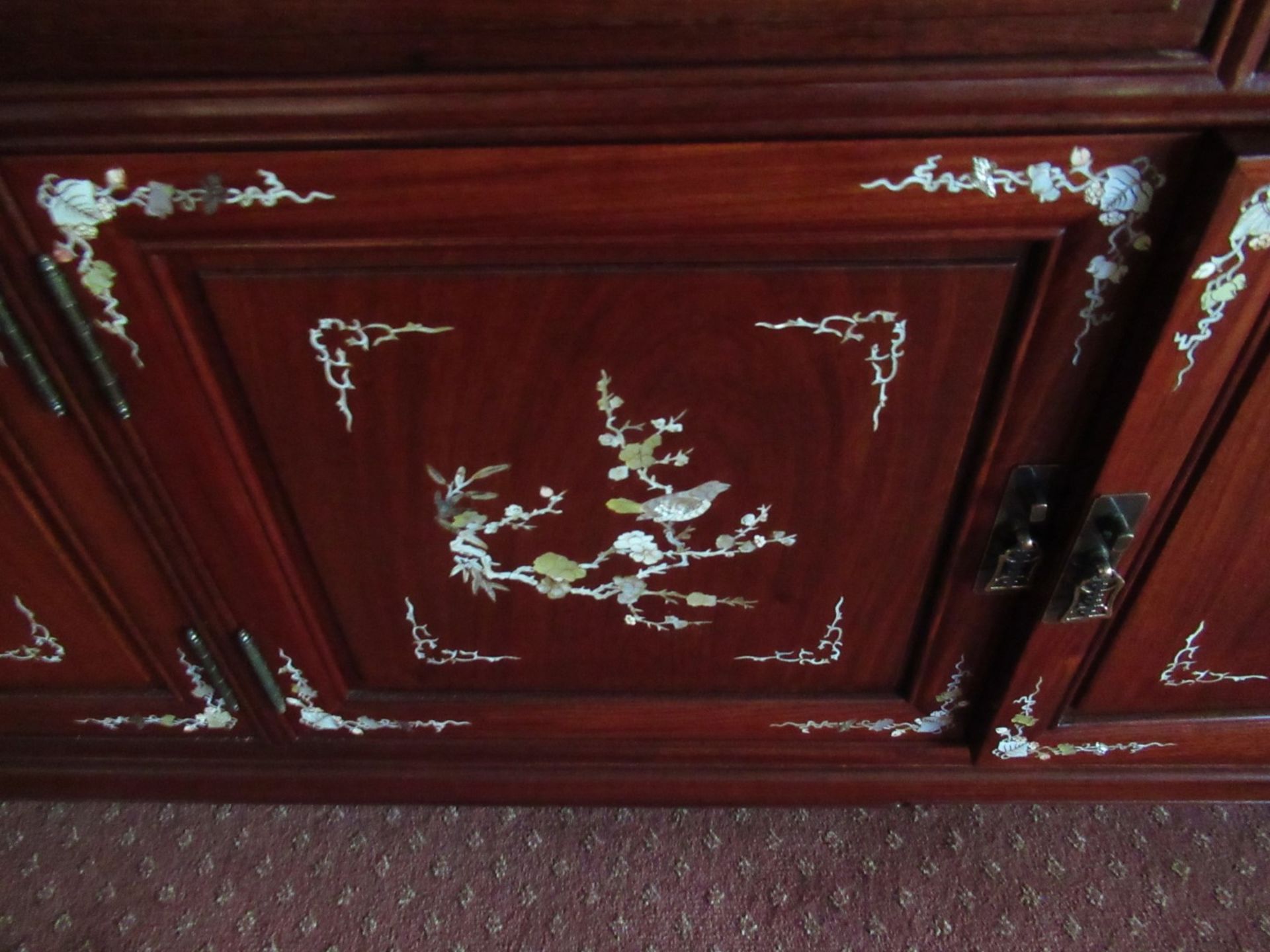 Rosewood Effect Glazed Top Oriental Themed Sideboard with Cupboard and 4 Drawers 800 x 1830 x 480 - Image 2 of 2