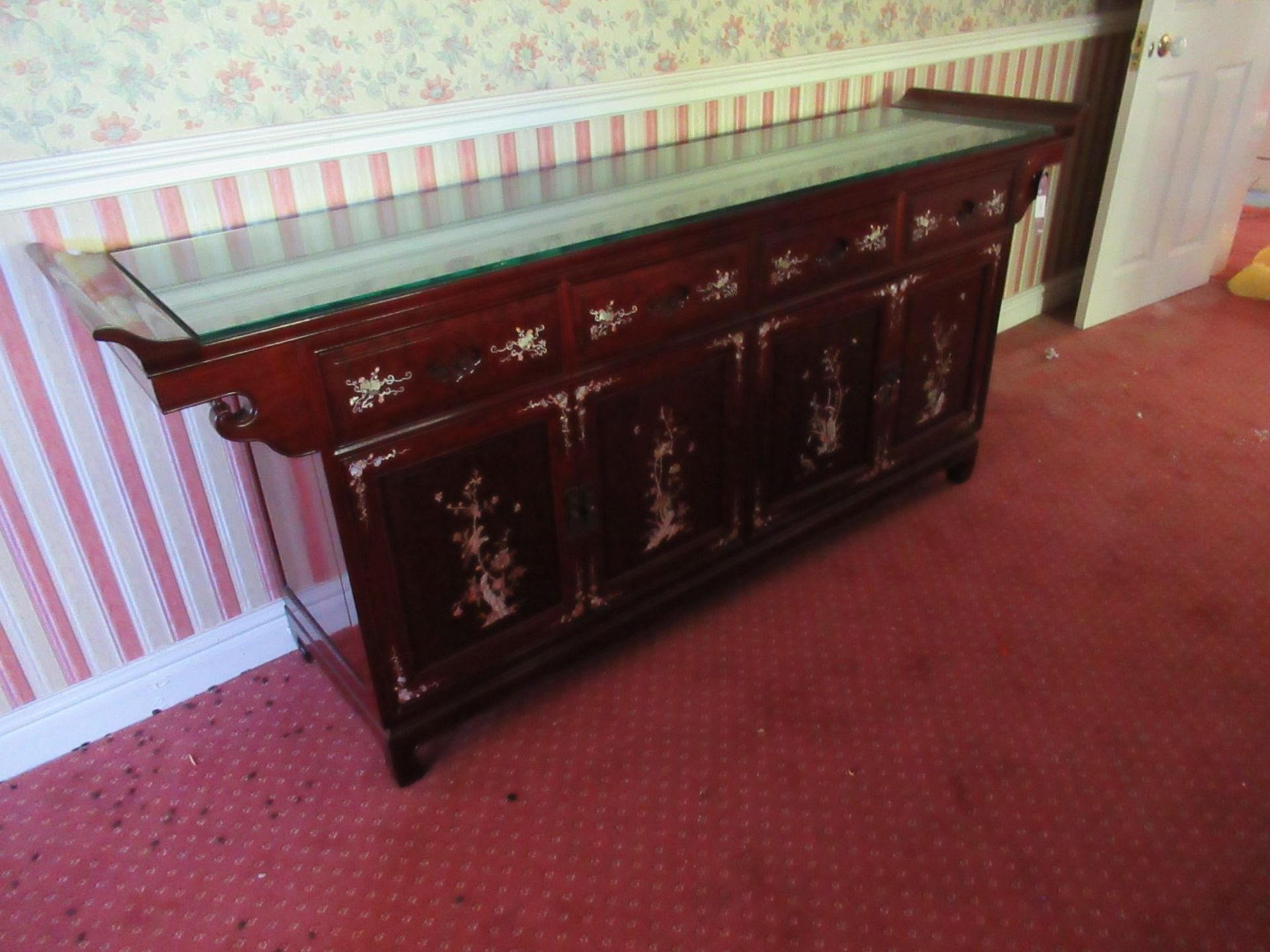 Rosewood Effect Glazed Top Oriental Themed Sideboard with Cupboard and 4 Drawers 800 x 1970 x 460 - Image 2 of 2