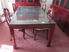 Rosewood Effect Glass Topped Dining Room Table with Oriental Themed Inlays 1980 x 1070mm with 4