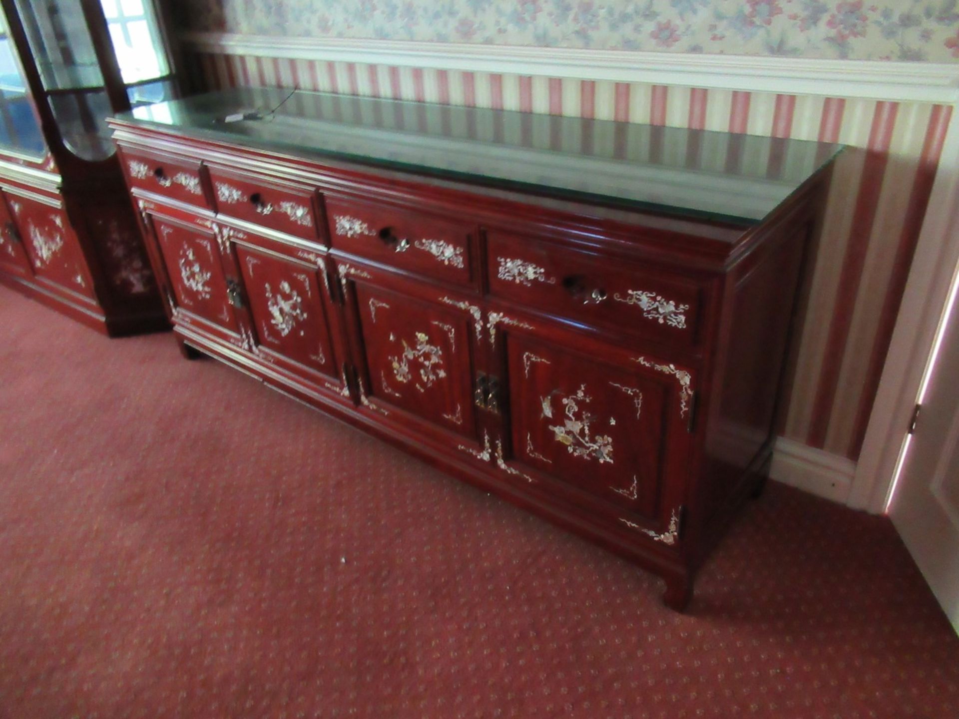 Rosewood Effect Glazed Top Oriental Themed Sideboard with Cupboard and 4 Drawers 800 x 1830 x 480 - Image 2 of 2