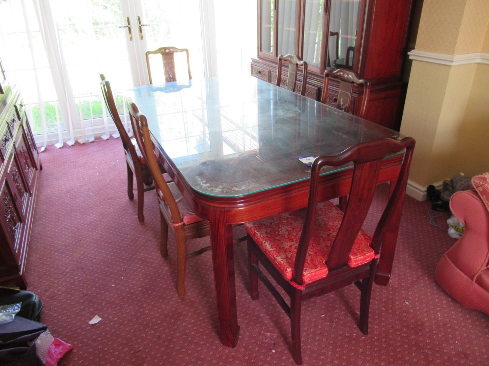 Rosewood Effect Glazed Dining Room Table with Oriental Themed Inlays and 6 Matching Dining Room - Image 4 of 7