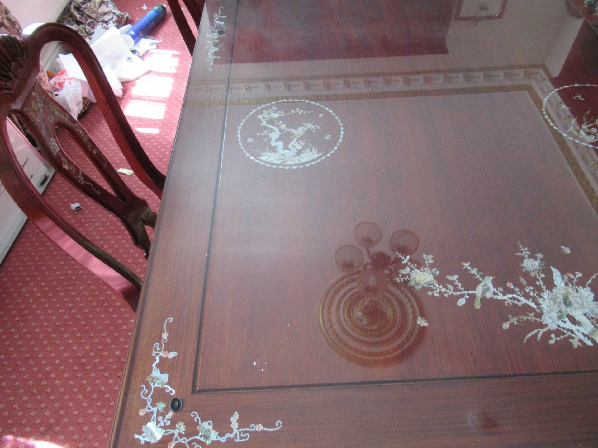 Rosewood Effect Glass Topped Dining Room Table with Oriental Themed Inlays 1980 x 1070mm with 4 - Image 2 of 3