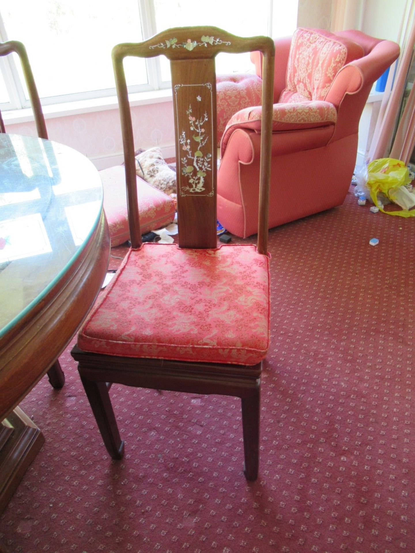 Rosewood Effect Glazed Dining Room Table with Oriental Themed Inlays and 6 Matching Dining Room - Image 2 of 7