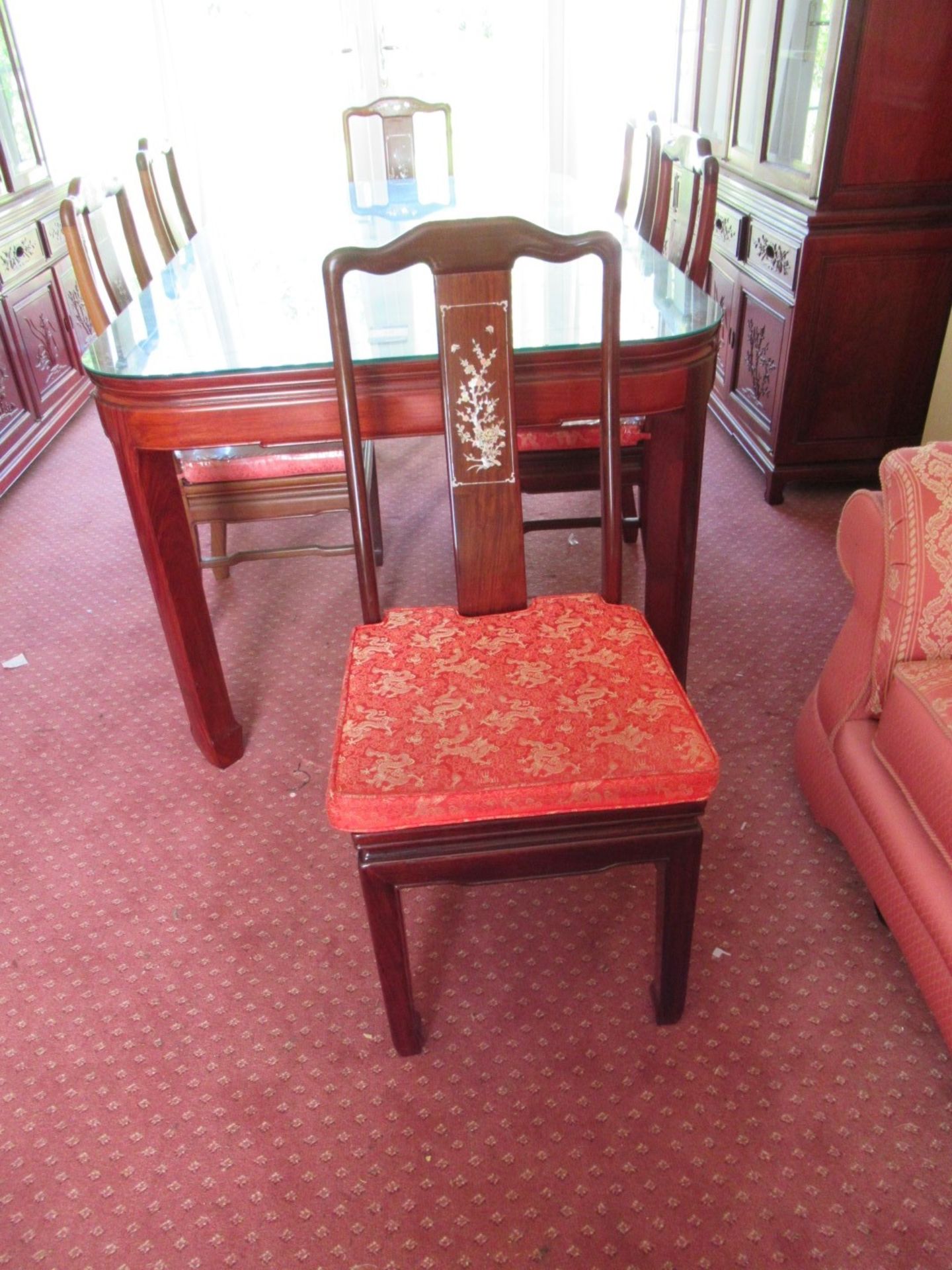 Rosewood Effect Glazed Dining Room Table with Oriental Themed Inlays and 6 Matching Dining Room - Image 5 of 7