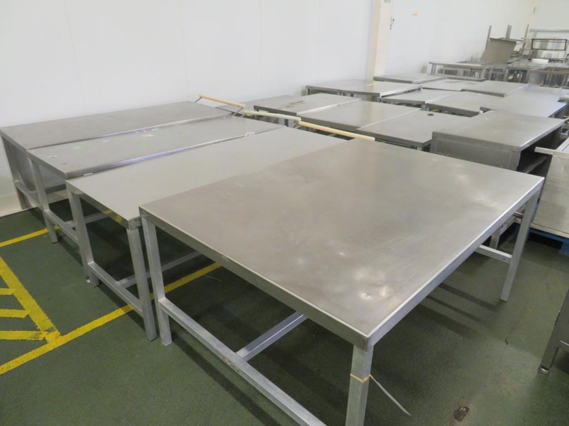 8 x Stainless Steel Topped Aluminium based Tables (the largest 1700 x 1200mm) and an open fronted ca - Image 2 of 3