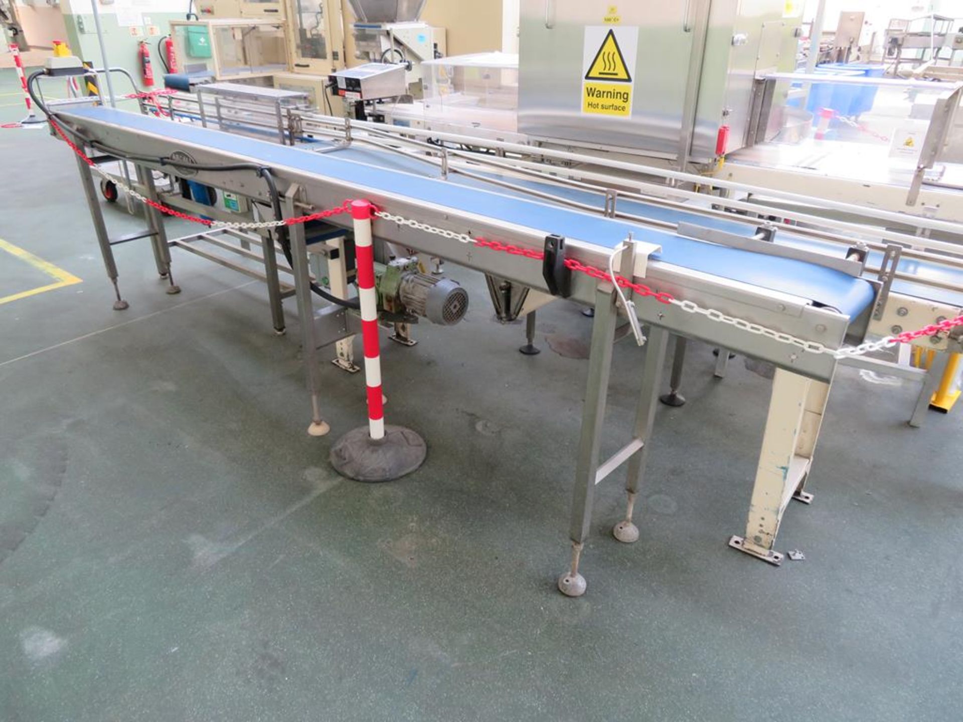Mobile Lazy Susan (dia 1.25m), Stainless Steel Bench with Pneumatic Press and 2 x Belt Conveyors (3.