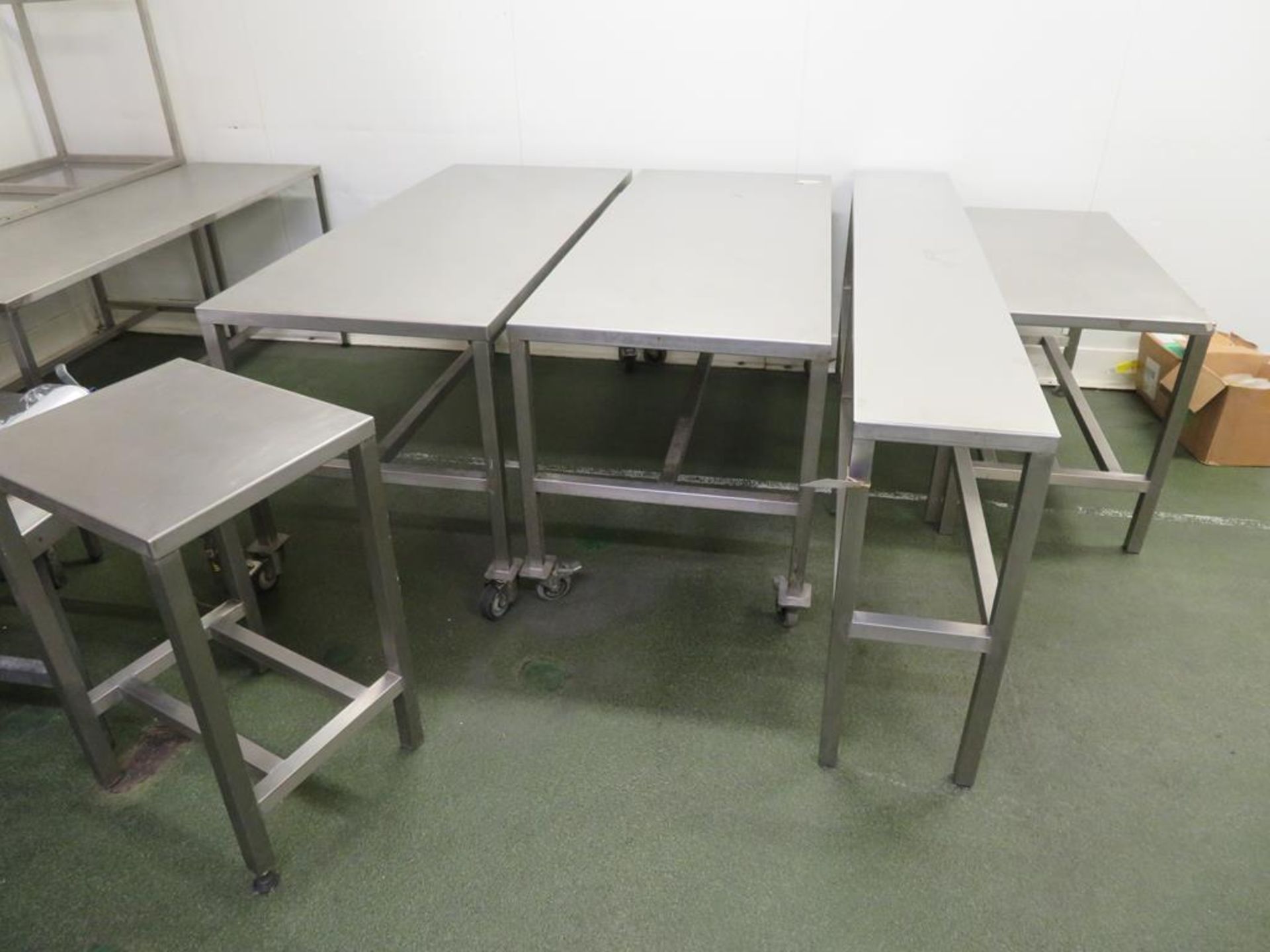 10 various Stainless Steel Tables (the Largest 1800 x 750mm) and an Aluminium Stand