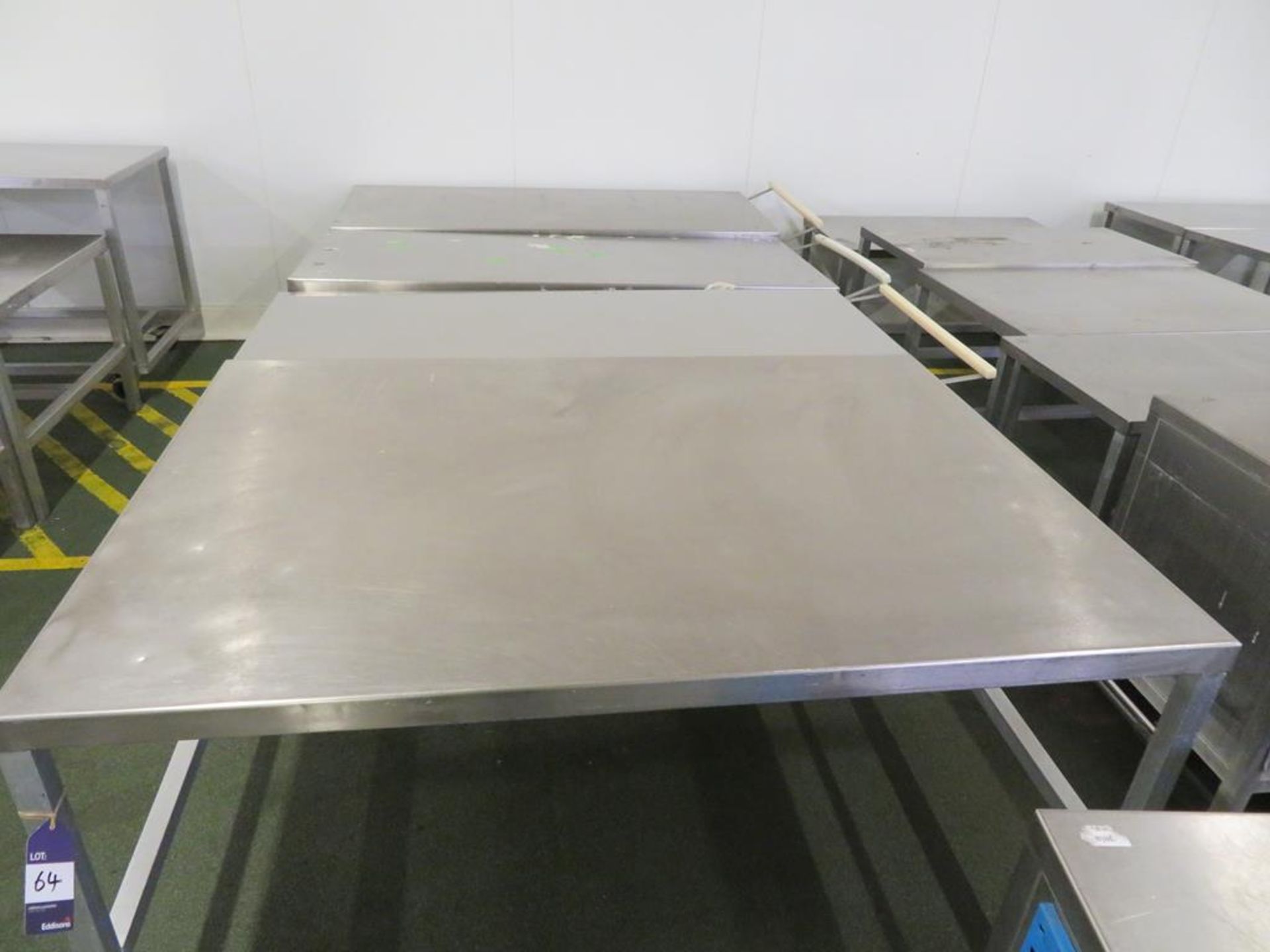 8 x Stainless Steel Topped Aluminium based Tables (the largest 1700 x 1200mm) and an open fronted ca