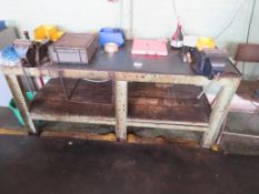 Steel workbench, steel part drawers, cabinet & cast iron stand.