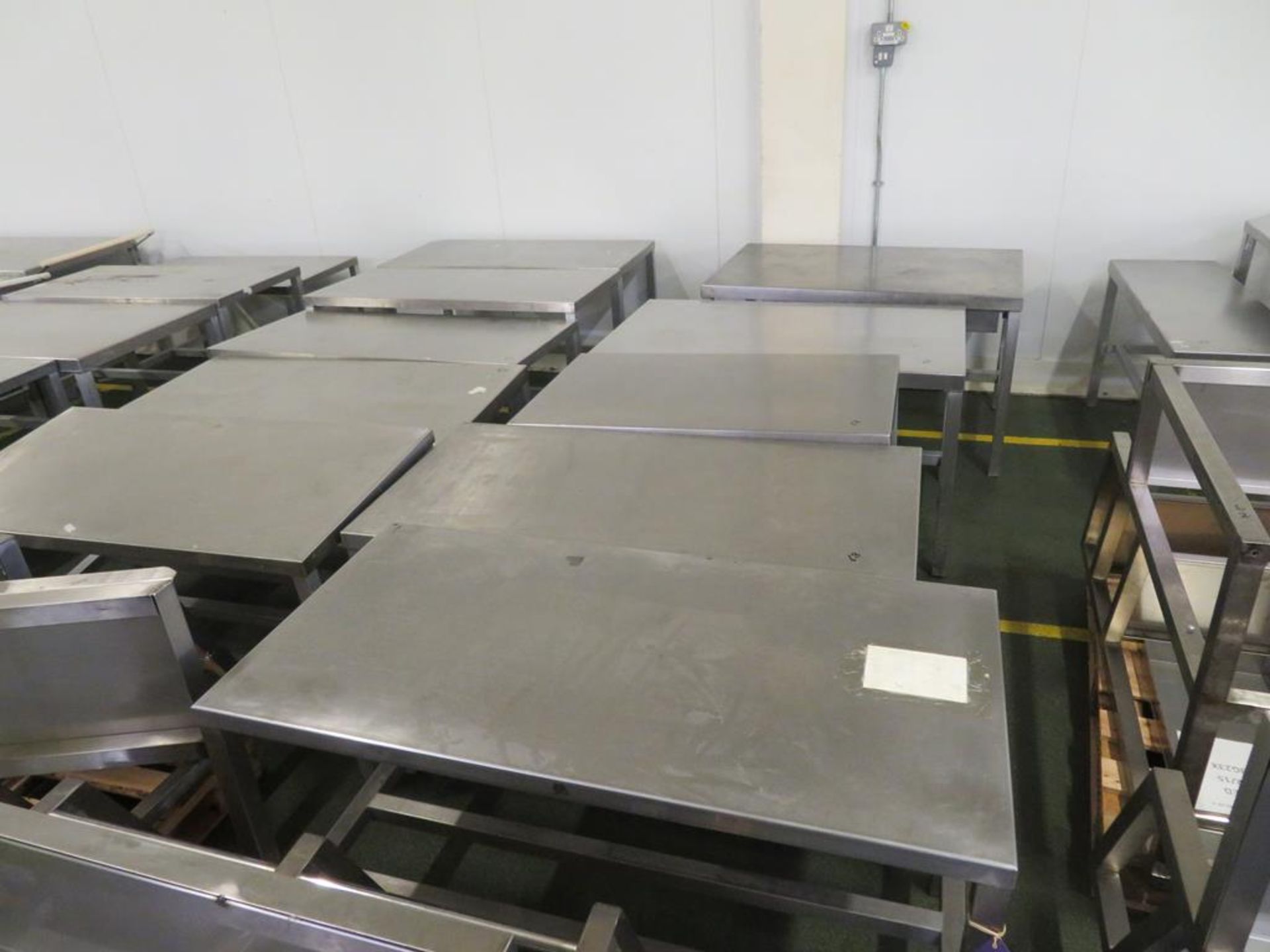 10 x Low Level Stainless Steel Tables, some with Aluminium Bases (the largest 1200 x 750mm)