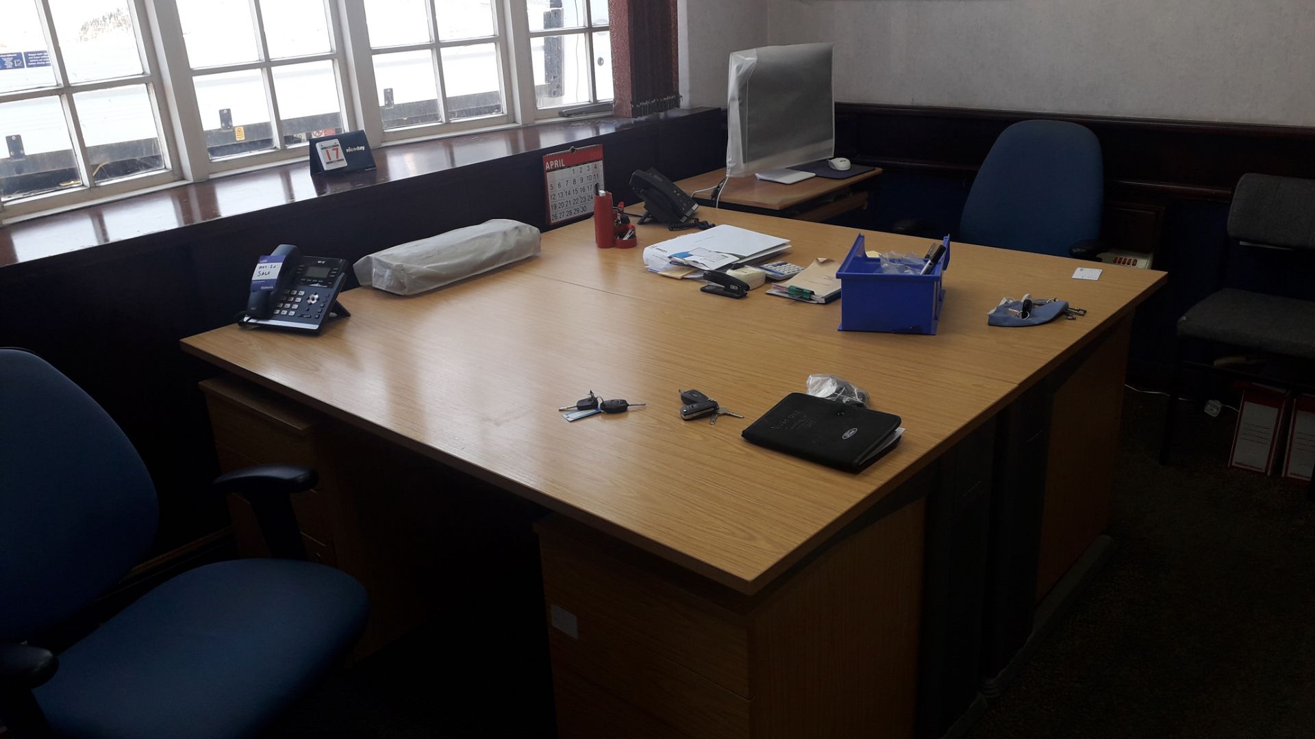 Contents of Reception to include 2 x Desks and Chairs, 2 x Filing Cabinets, HP Envy 5640 Printer,