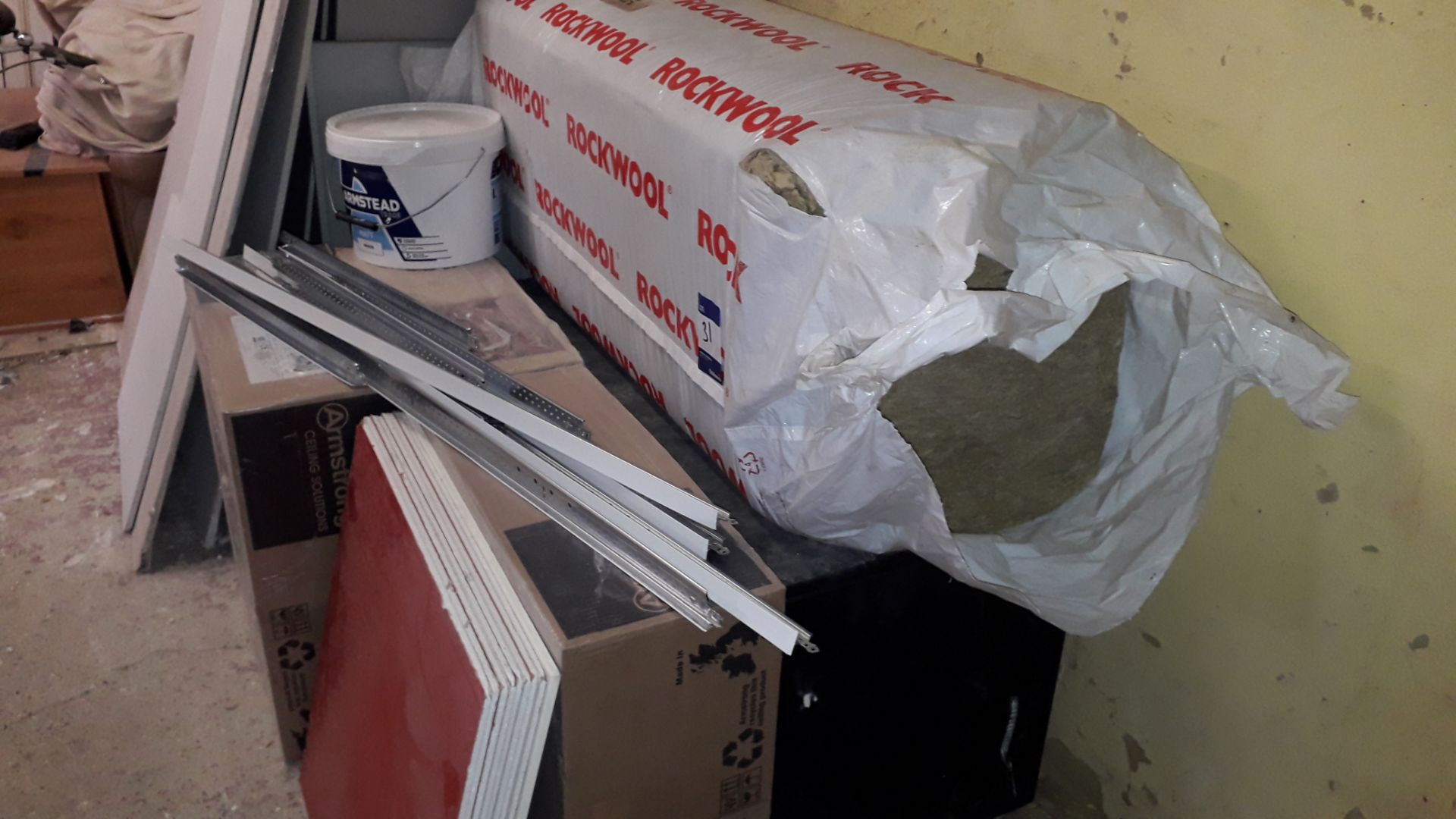 Timber Site Box, 3 Boxes of Armstrong Ceiling Tiles and a Roll of Rock Wall Insulation - Image 2 of 3