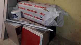 Timber Site Box, 3 Boxes of Armstrong Ceiling Tiles and a Roll of Rock Wall Insulation