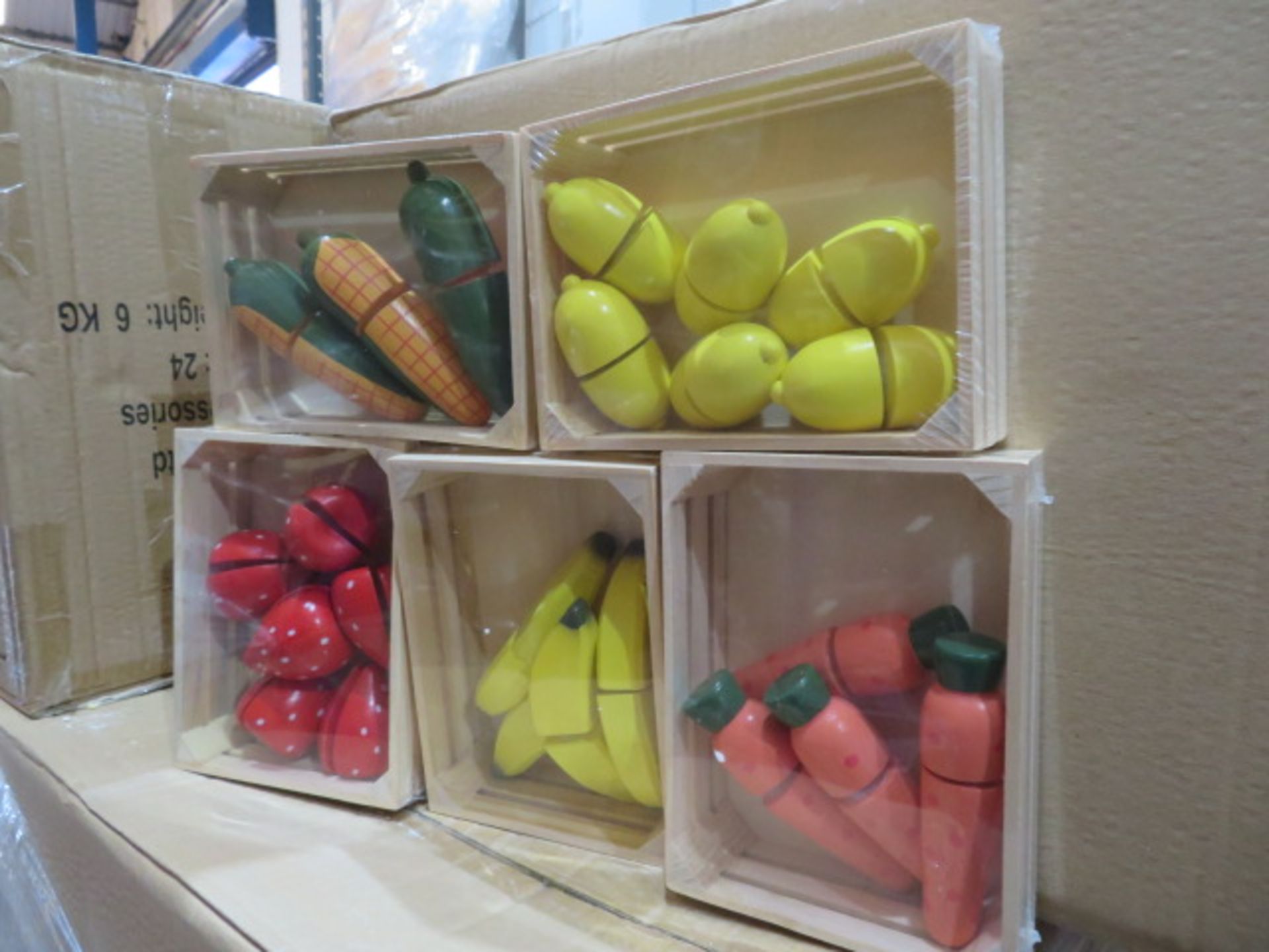 240 x SETS OF BRAND NEW PACKAGED WOODEN FRUIT ACCESSORIES IN WOODEN CRATES. SUCH AS: CARROTS,