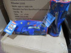 180 x BRAND NEW PAW PATROL BARREL PENCIL CASE WITH DIE CUT. PRICE MARKED AT 3.50 EACH