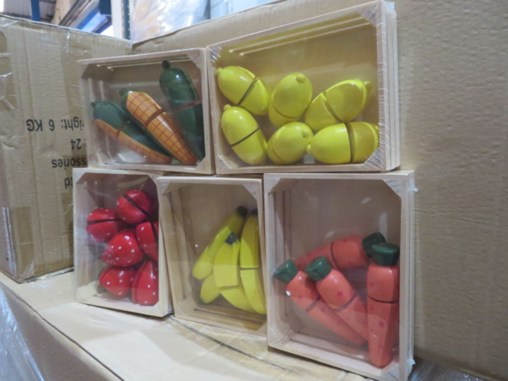 240 x SETS OF BRAND NEW PACKAGED WOODEN FRUIT ACCESSORIES IN WOODEN CRATES. SUCH AS: CARROTS,